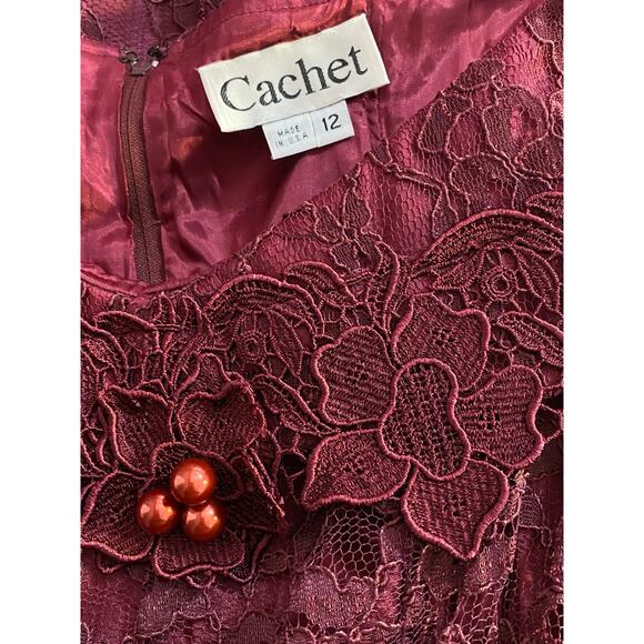 VINTAGE 90s CACHET Burgundy Lace Midi Dress 12 Whimsygoth Romantic Fairytale - Picture 10 of 11